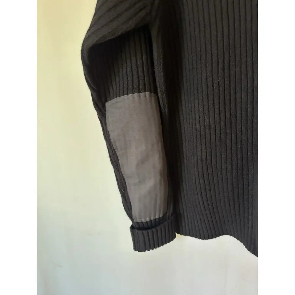 LL Bean Mens Sweater XL Wool Black Ribbed Patches Crew Neck